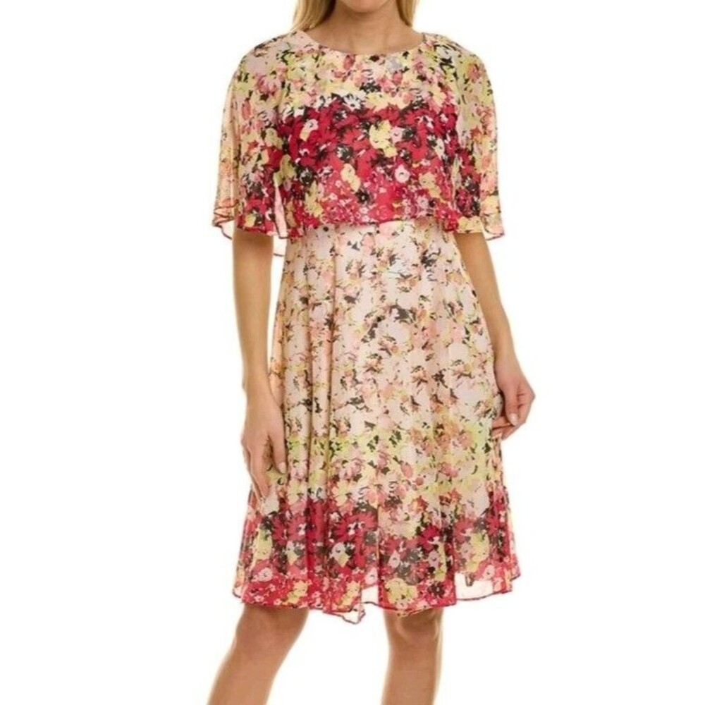 New Maison Tara Dress Size 6 Floral Cap Fit & Flare Blush Fuchsia Short Sleeve